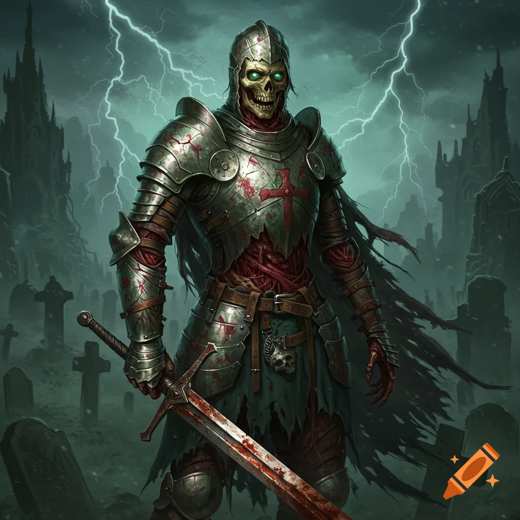 An undead knight holding a sword in a graveyard during a thunderstorm.