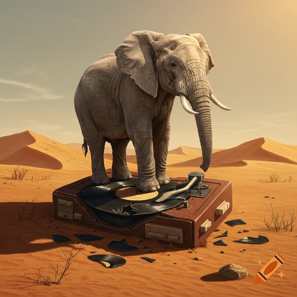 A large elephant stands on a broken record player in a desert landscape with dunes.