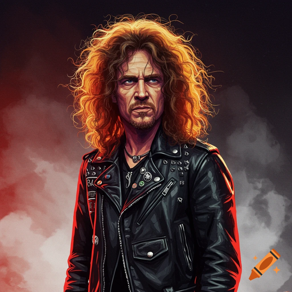A man with long curly hair and a goatee wearing a black leather jacket.