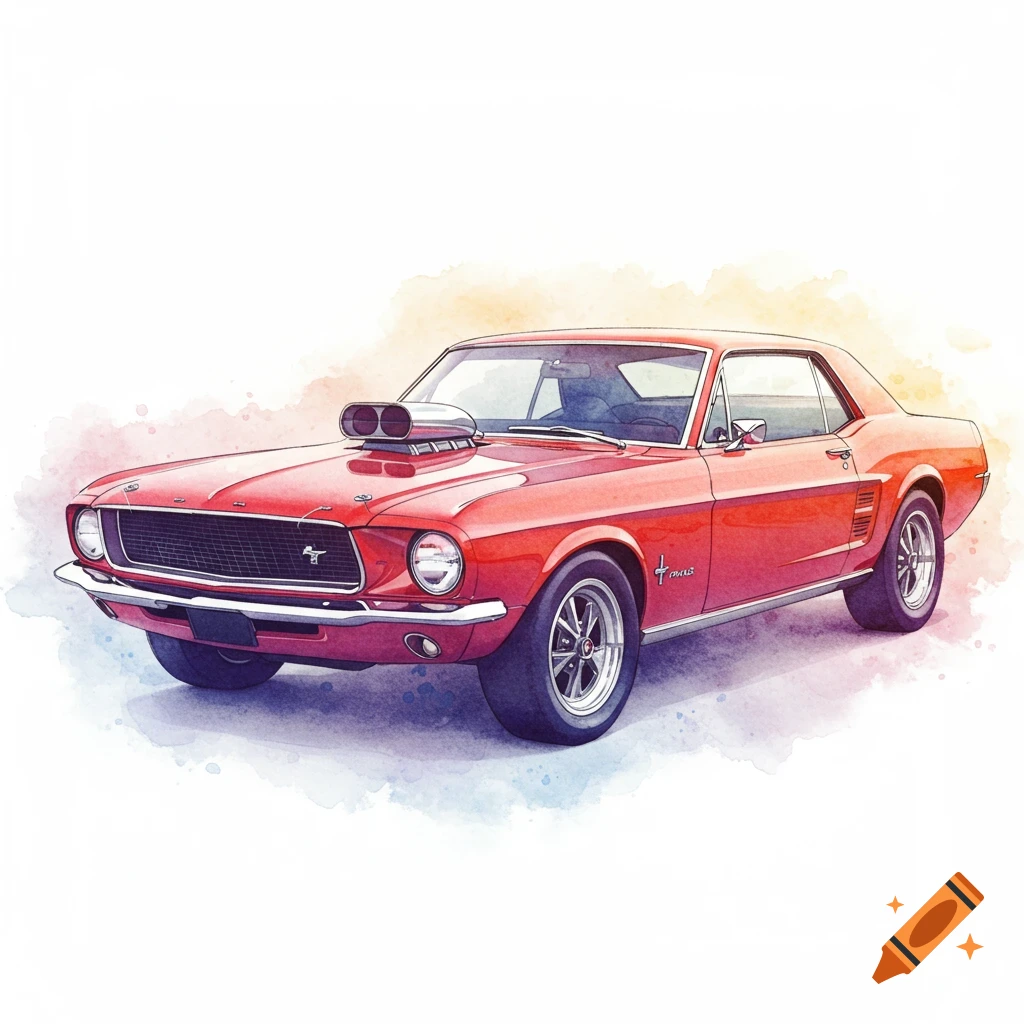 A red vintage Ford Mustang muscle car with a hood scoop, rendered in a watercolor style.
