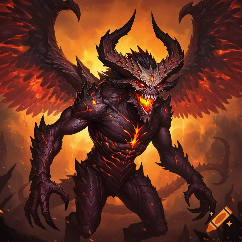 A fearsome demonic creature with horns, wings, glowing eyes, and sharp teeth in a fiery landscape.