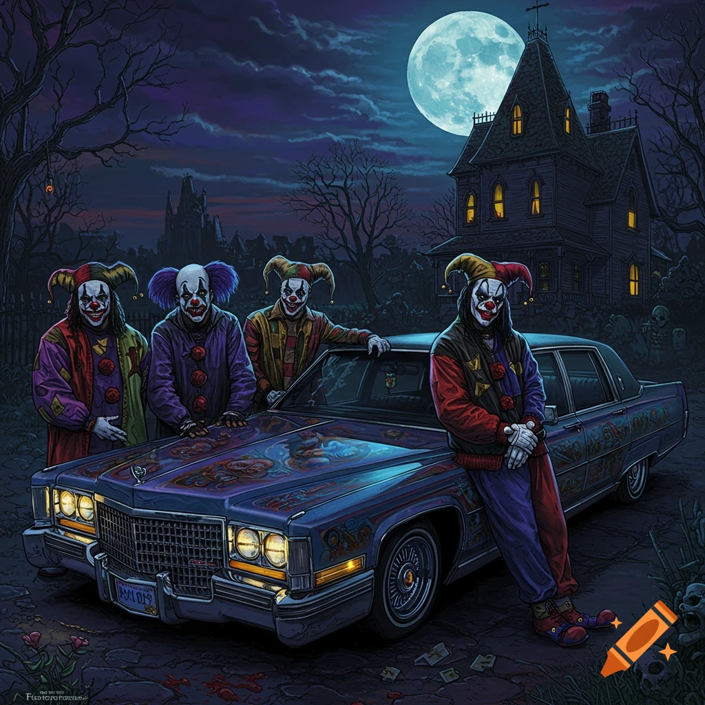 Four clowns stand by a lowrider Cadillac in front of a haunted house under a full moon.