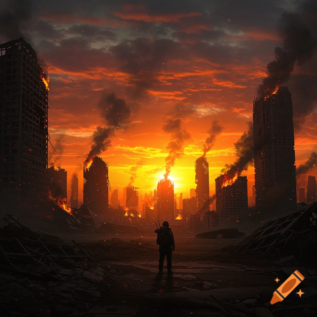 A lone figure stands in a destroyed city engulfed in fire and smoke under an orange sky.