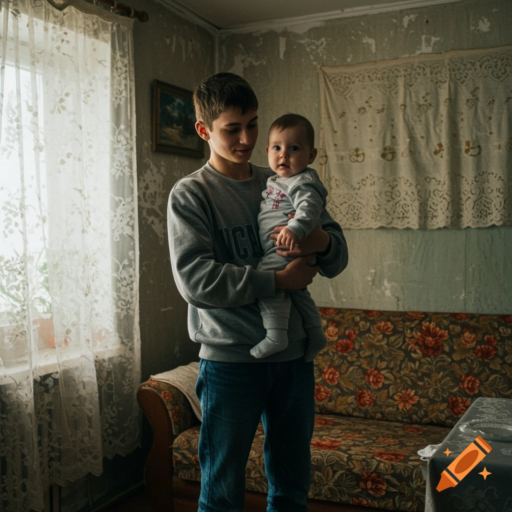 Teenage boy holding a baby in a modest room with a floral sofa.