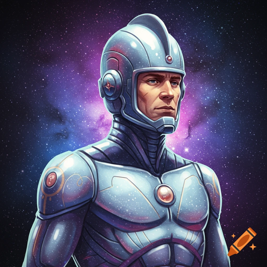 A man in a futuristic spacesuit against a starry space background.
