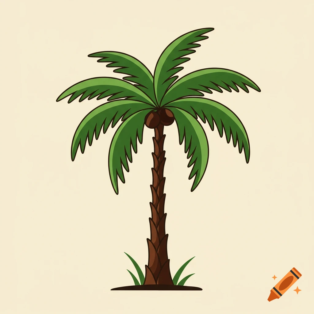 A cartoon vector illustration of a palm tree with green fronds and brown coconuts.