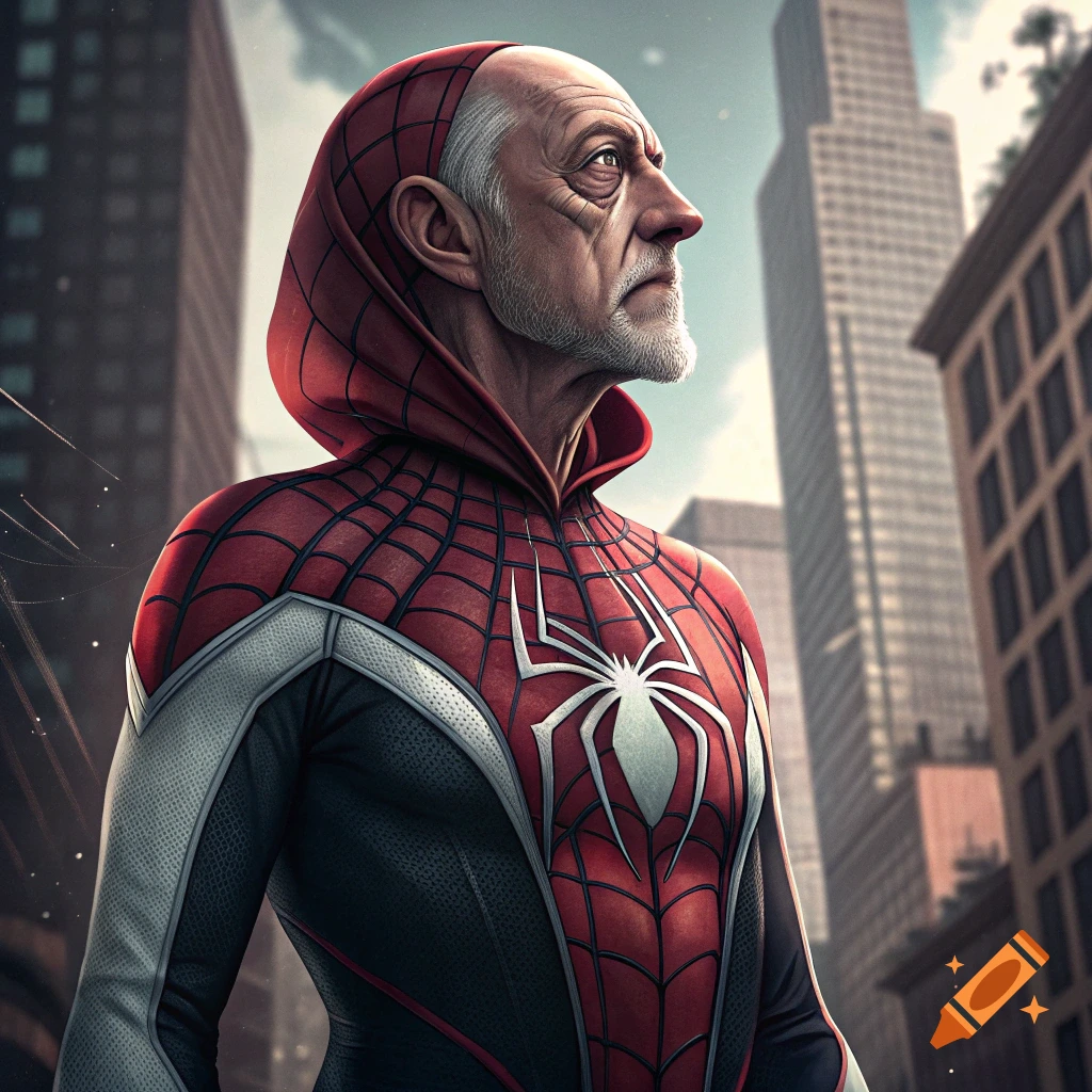 Older man with a white beard wearing a Spider-Man suit with a hood stands in a city.