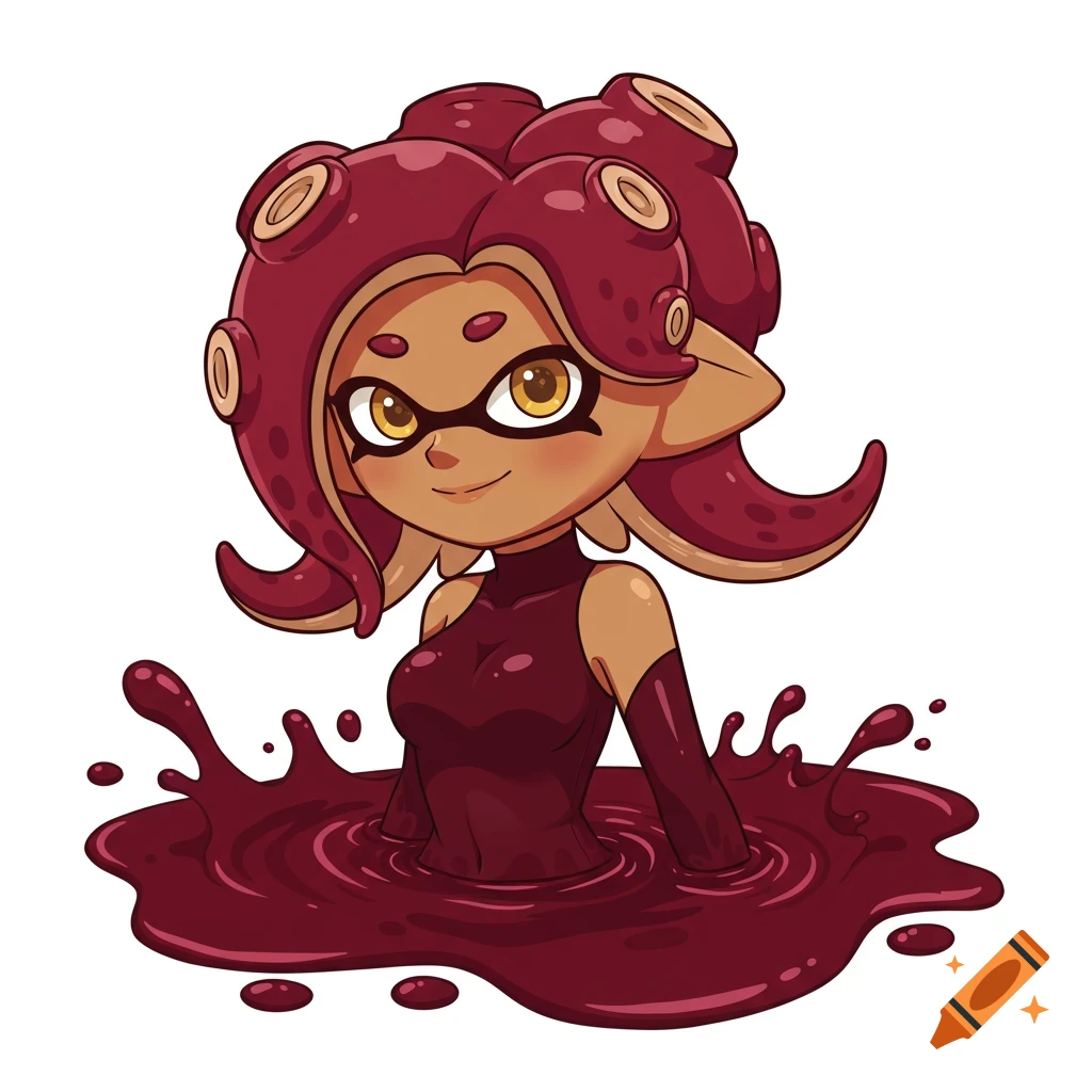 A cartoon Octoling girl from Splatoon in a burgundy suit emerges from a puddle of matching ink.