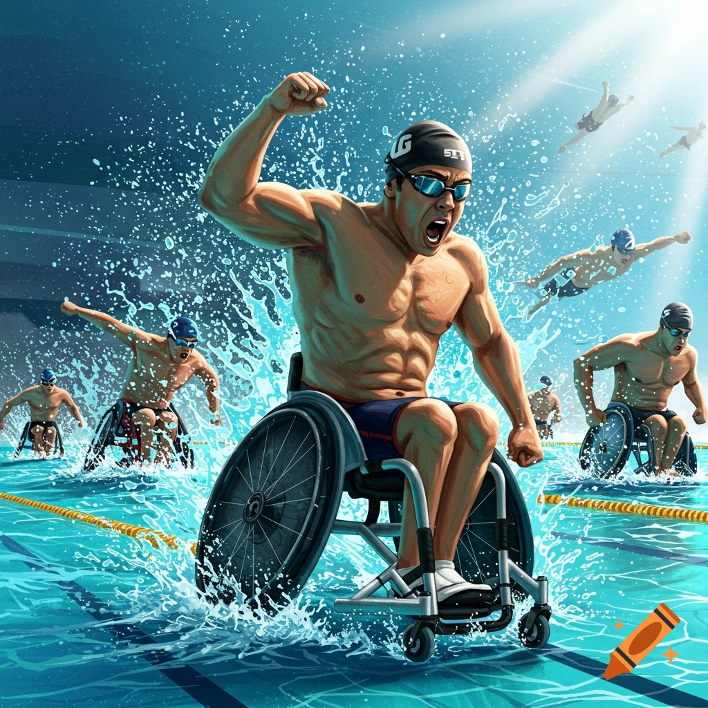 Paralympic swimmers racing in wheelchairs through a pool, one celebrating triumph.