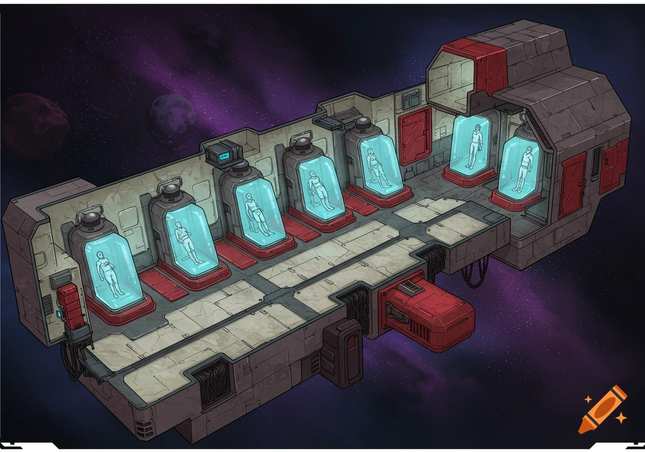 2D concept art cross-section of a starship with cryo-sleep chambers and people inside.