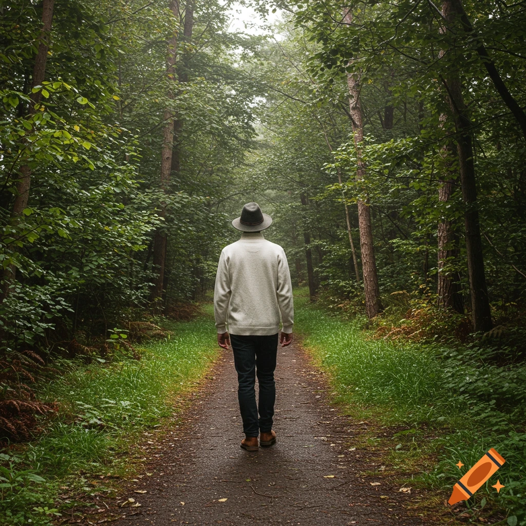 A person walks away on a path through a lush green forest.