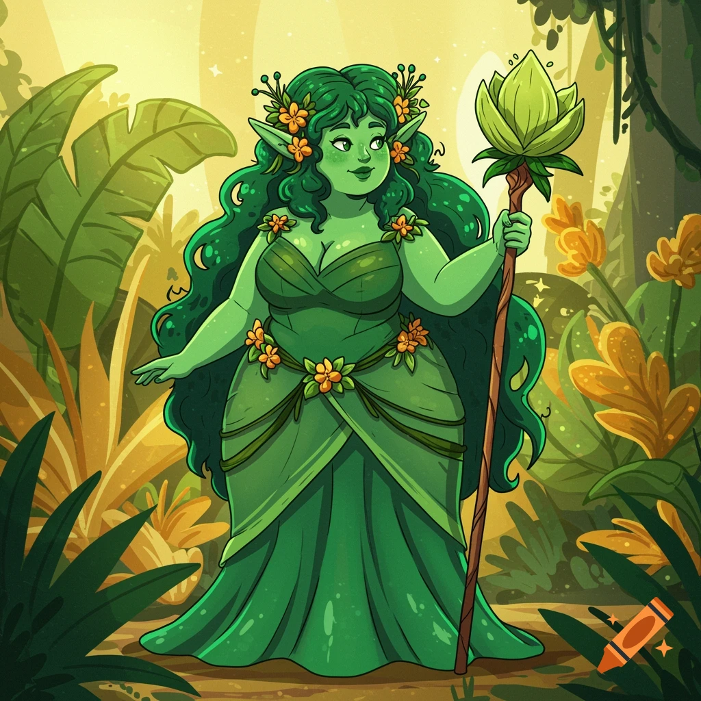 A whimsical cartoon illustration of a green goddess standing in a lush garden.