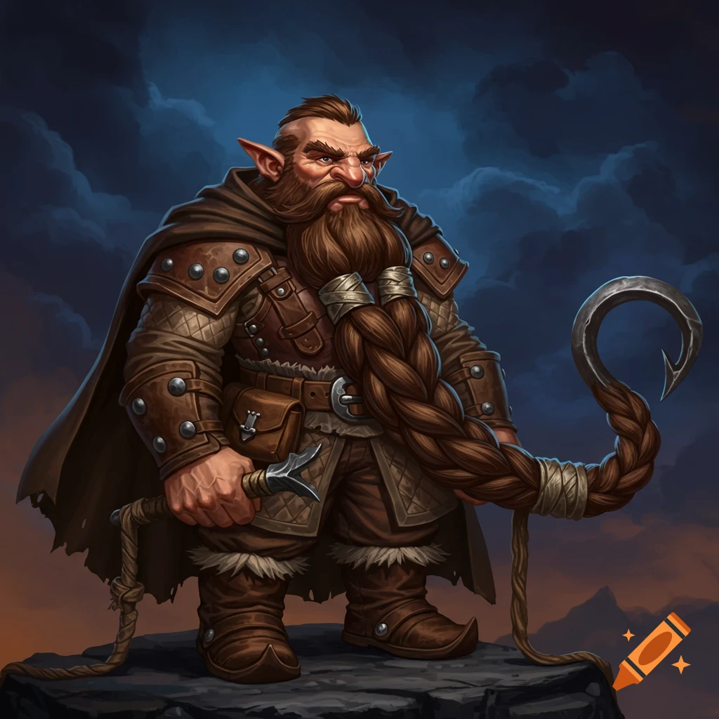 A fantasy dwarf with a long braided beard ending in a grappling hook, wearing armor and cloak.