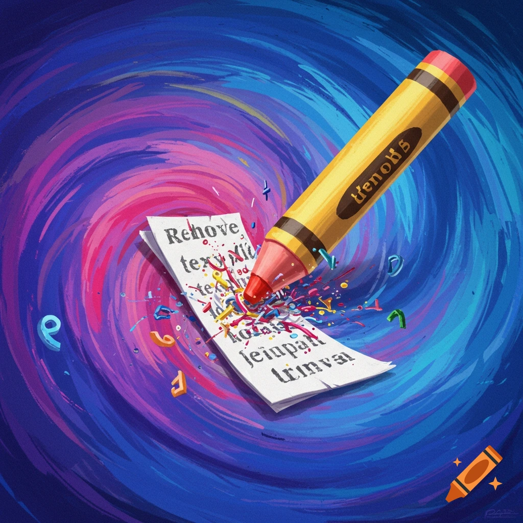 A crayon writing on paper surrounded by colorful swirls and scattered letters.