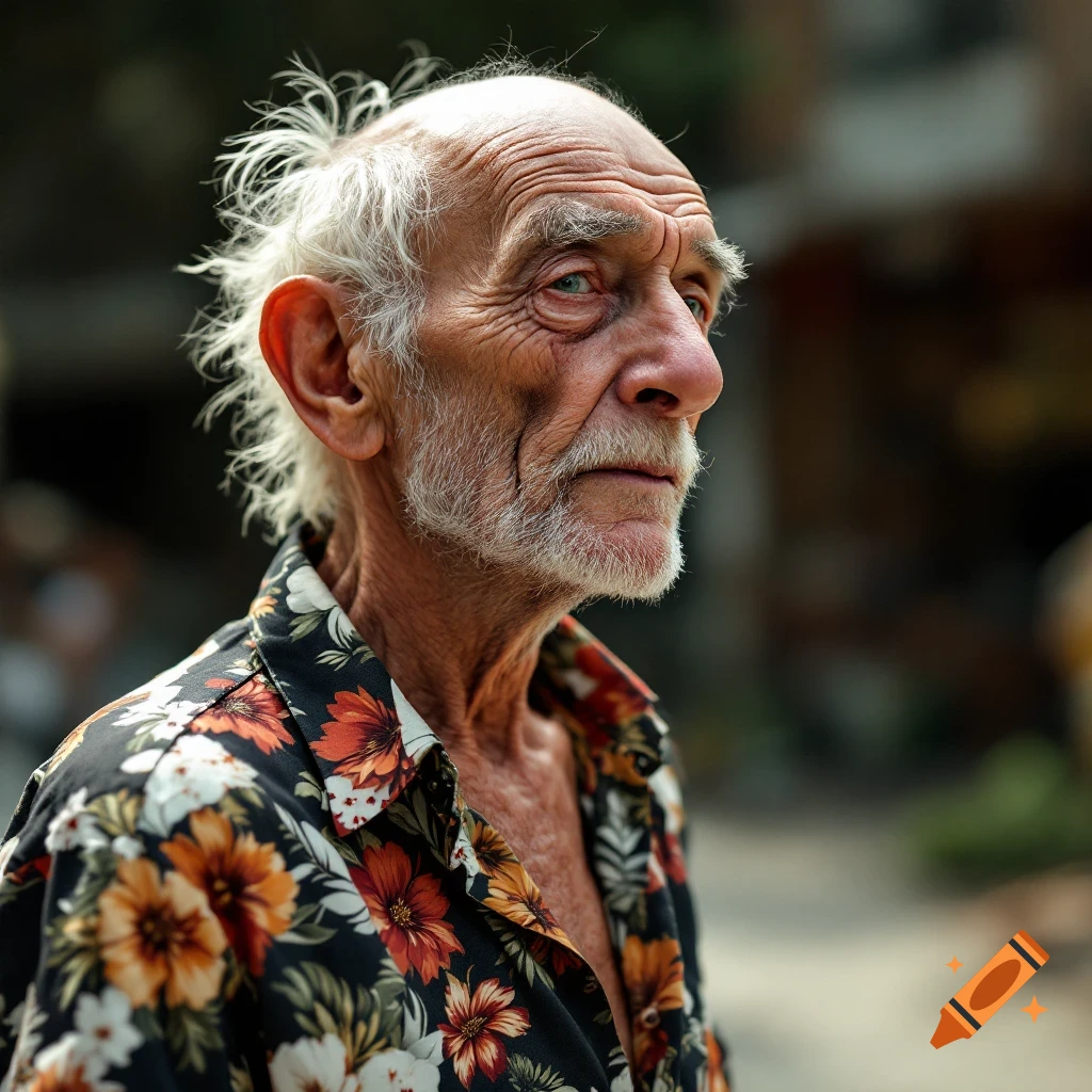 Portrait of a wiry old man with white hair and beard, wearing a black Hawaiian shirt with orange and white flowers, looking right.