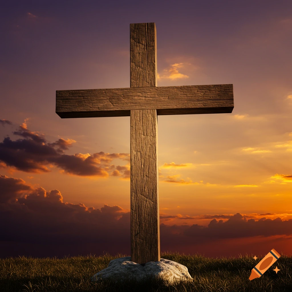 A large wooden cross stands on a grassy hill at sunset.