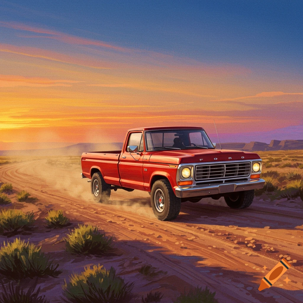 A red Ford pickup truck is driving on a dirt road through a desert landscape at sunset.