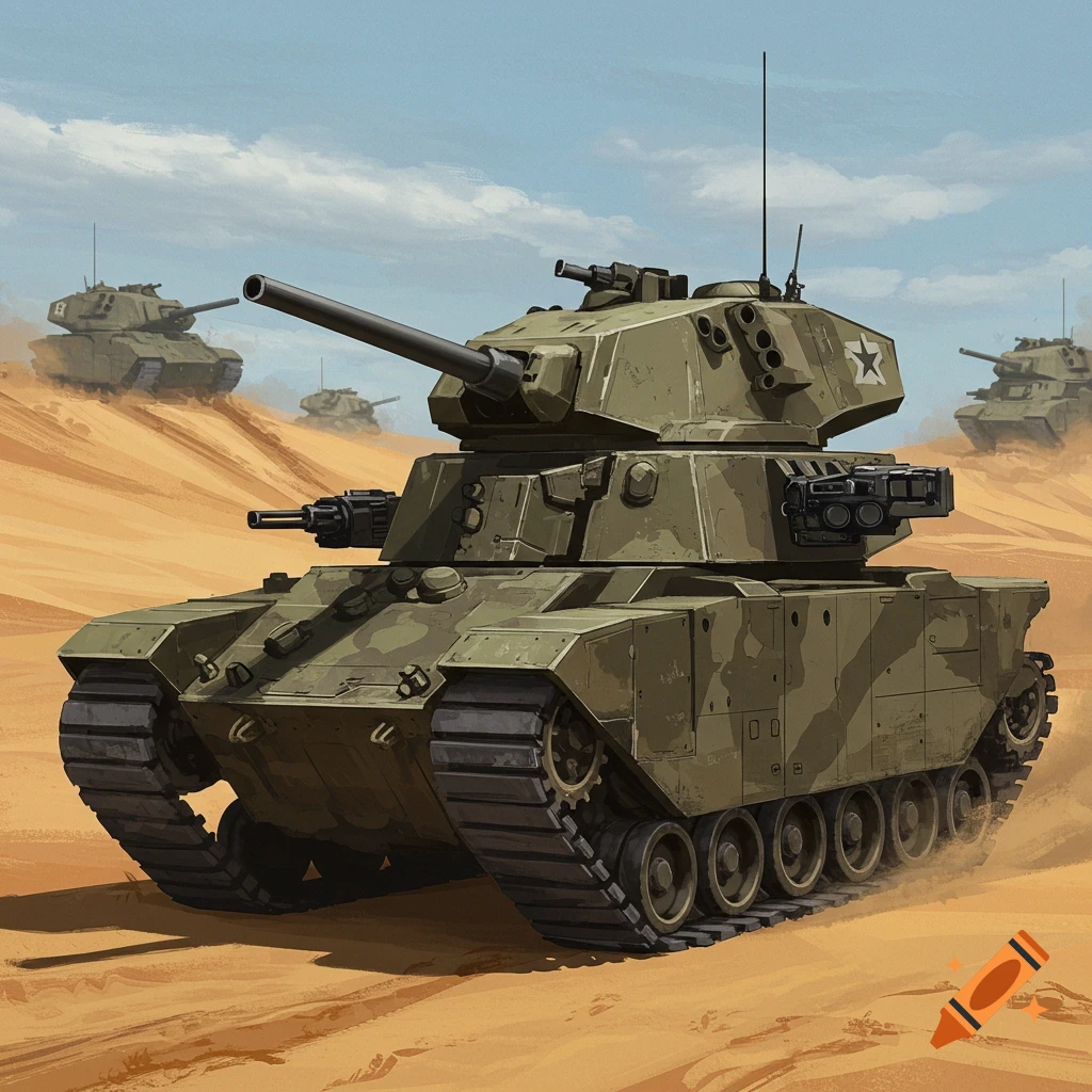 Several military tanks move through a desert landscape.