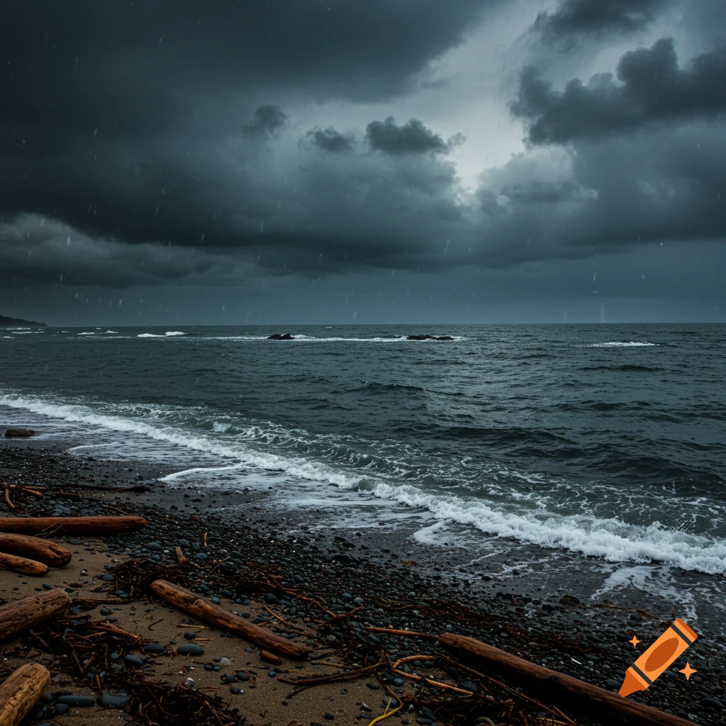 A stormy beach with dark clouds, rain, rough waves, and driftwood on the shore.
