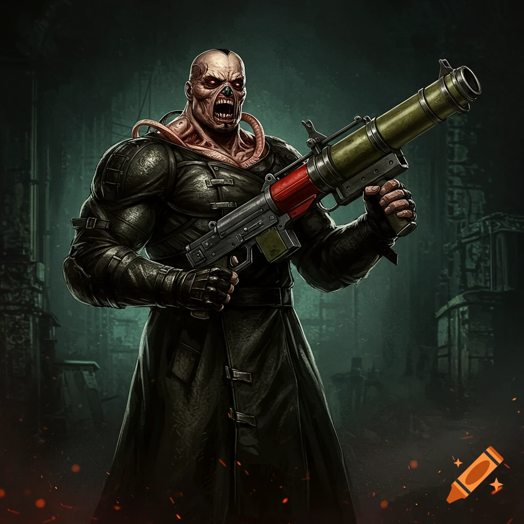 Nemesis from Resident Evil holding a rocket launcher.