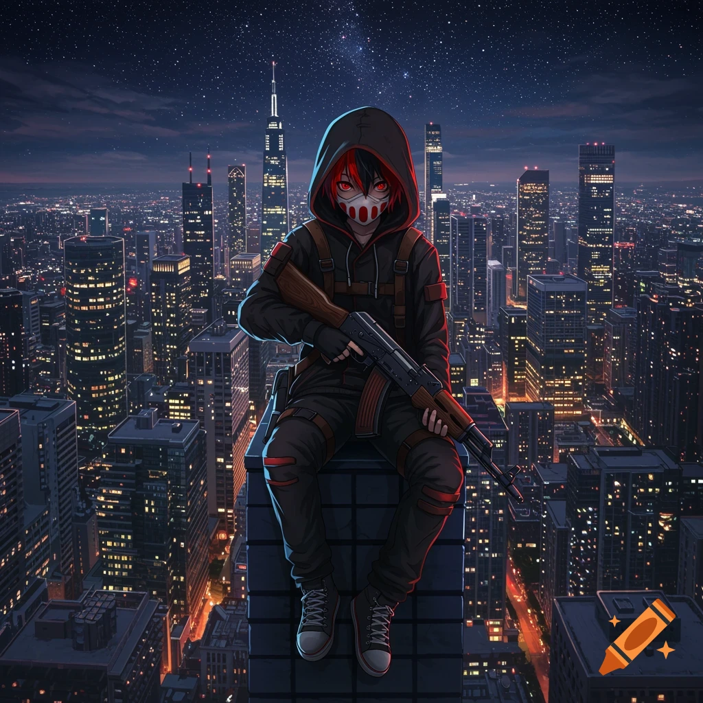 Anime character with mask and AK-47 sitting on a skyscraper ledge overlooking a city at night under a starry sky.