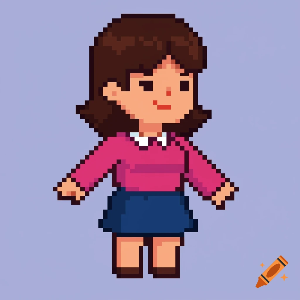 Pixel art character of a woman in a pink shirt and blue skirt.