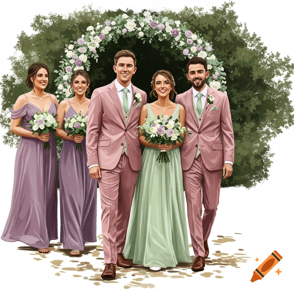 A wedding party is gathered under a floral arch. The bride is wearing a sage green dress. The groom and a groomsman are in pink suits, and the bridesmaids are in purple.