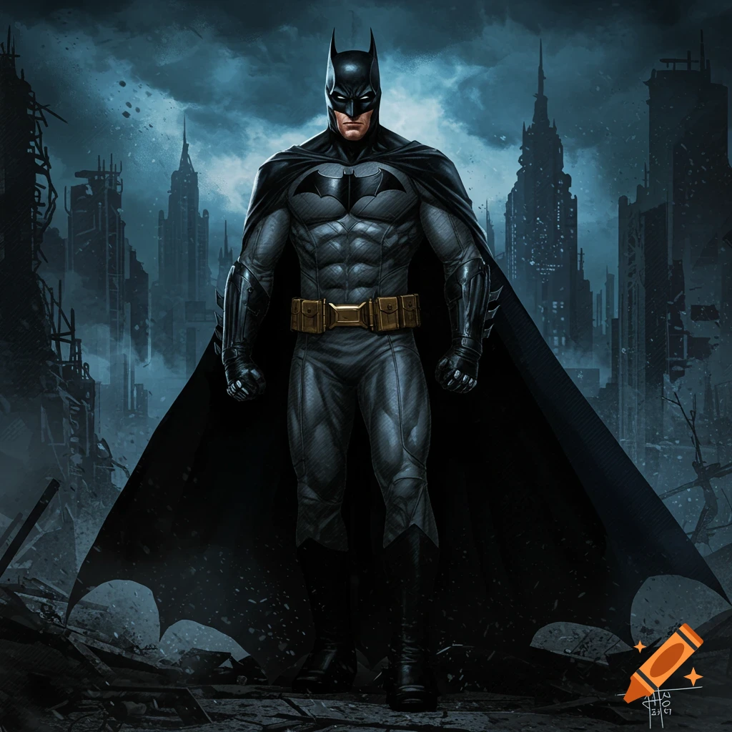 Batman standing in a ruined city.
