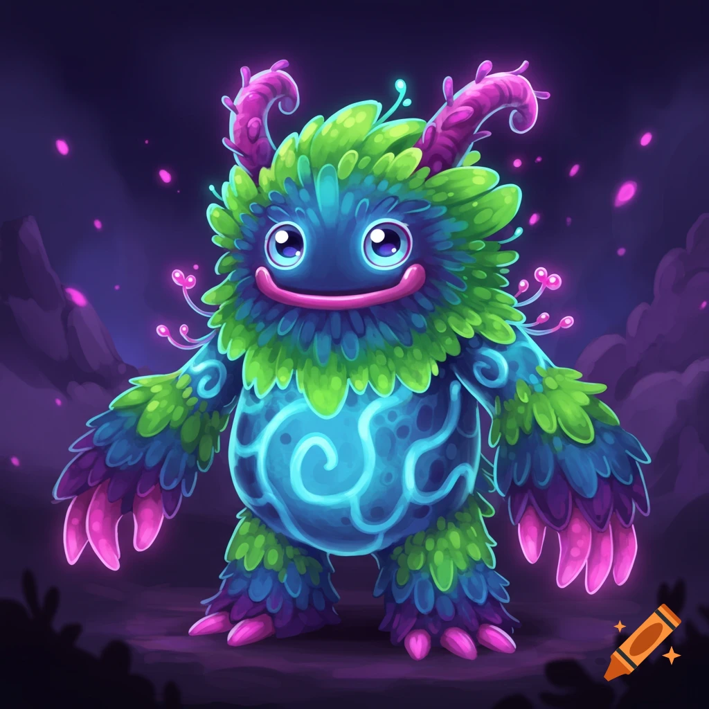A colorful, furry monster with glowing patterns and big eyes stands in a dark, stylized setting.