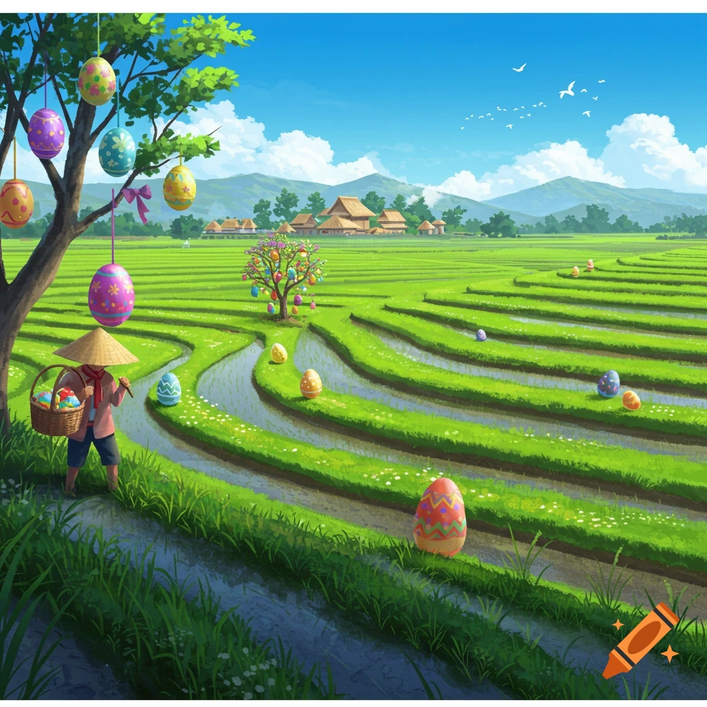 Easter eggs in a terraced rice field landscape with a person carrying a basket.