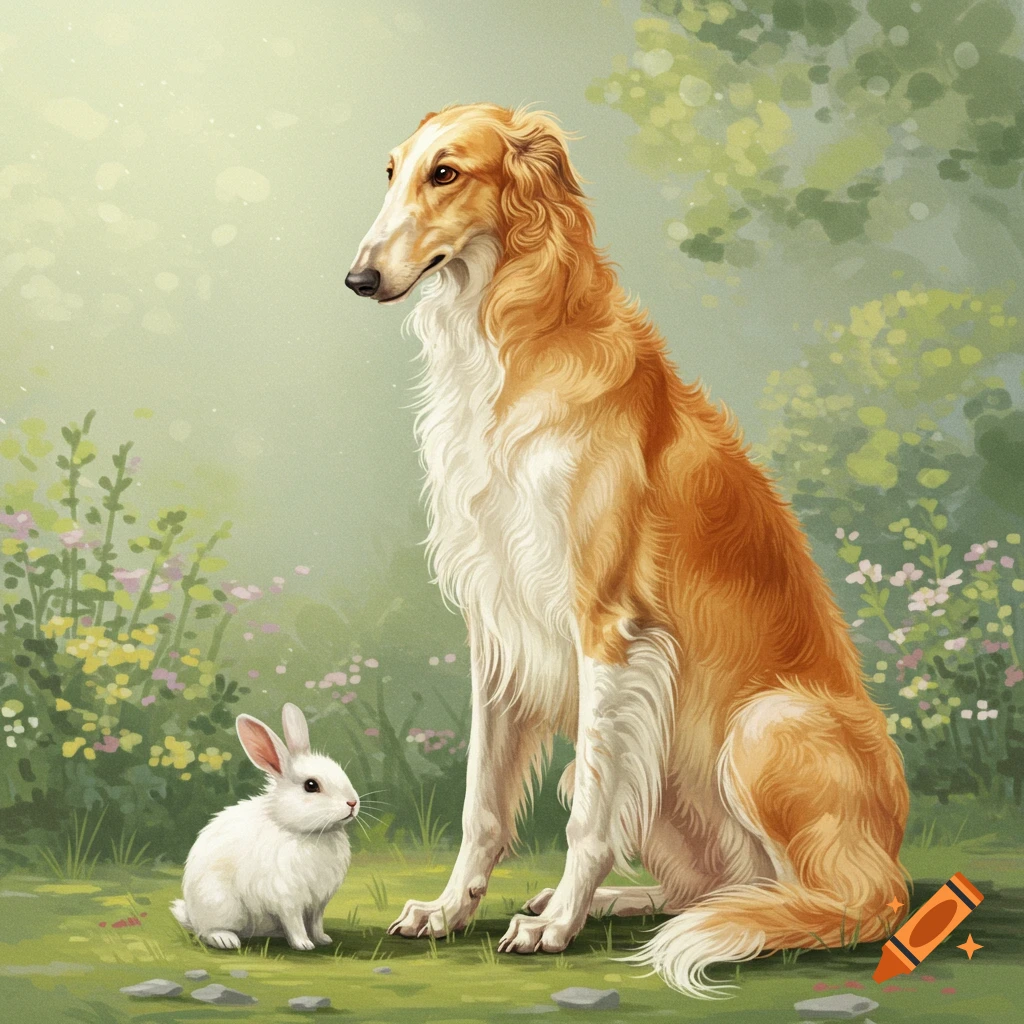 A Borzoi dog is sitting next to a rabbit in a garden.