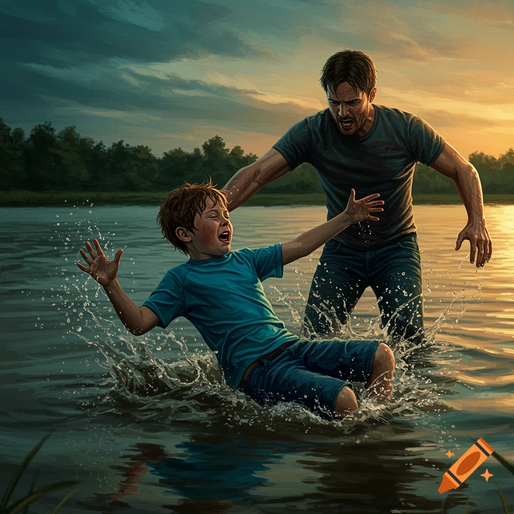 A man rescues a boy struggling in a lake at sunset.
