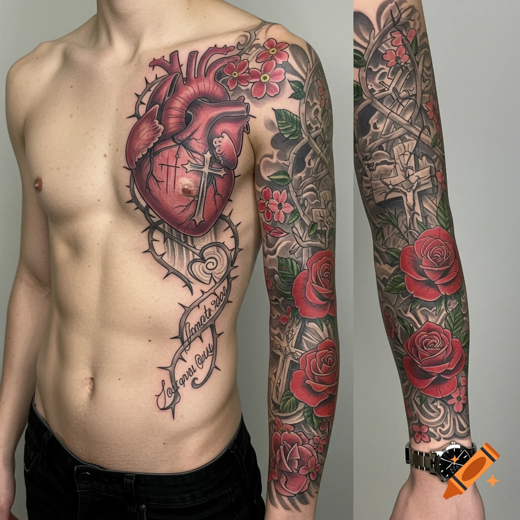 Man showing a detailed tattoo sleeve and chest piece featuring a heart, cross, roses, thorns, and script.