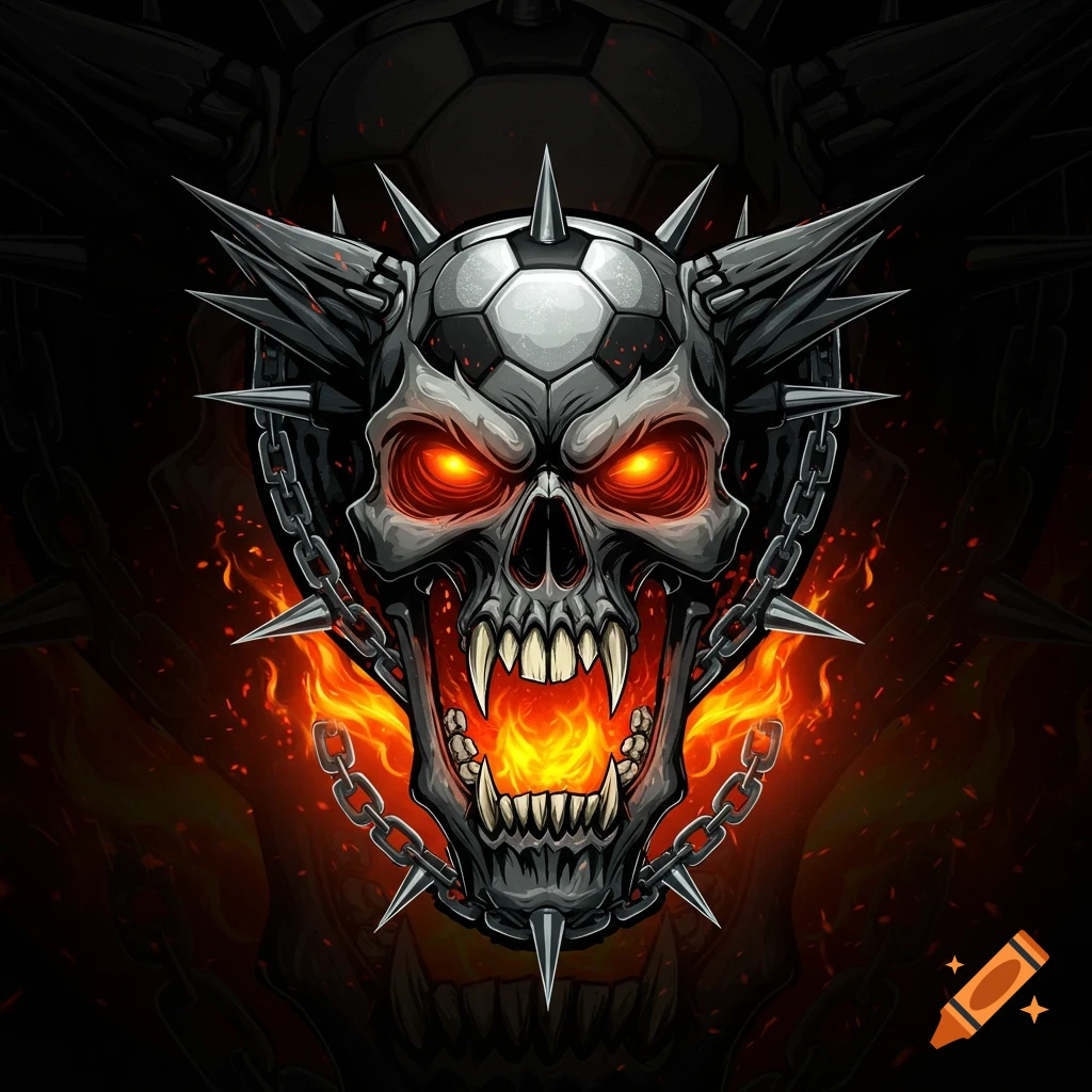 Heavy metal soccer ball skull with spikes, chains, glowing eyes, and fire.