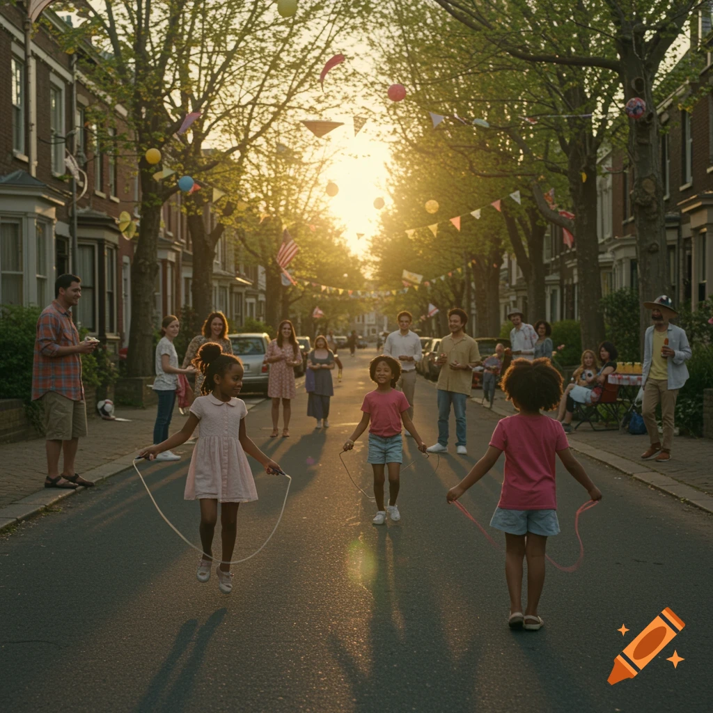 People celebrate a community street party at sunset, with children skipping rope in the foreground.