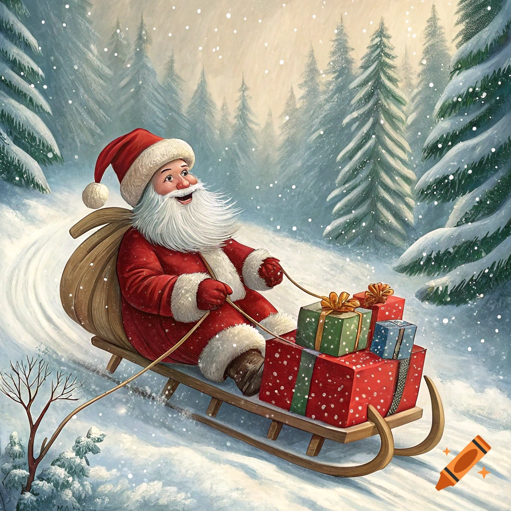 Santa Claus rides a wooden sled loaded with wrapped gifts down a snowy hill through a forest in a painterly style.