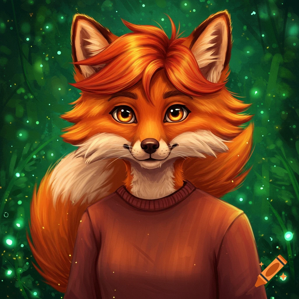 A friendly anthropomorphic fox wearing a sweater in a glowing forest.