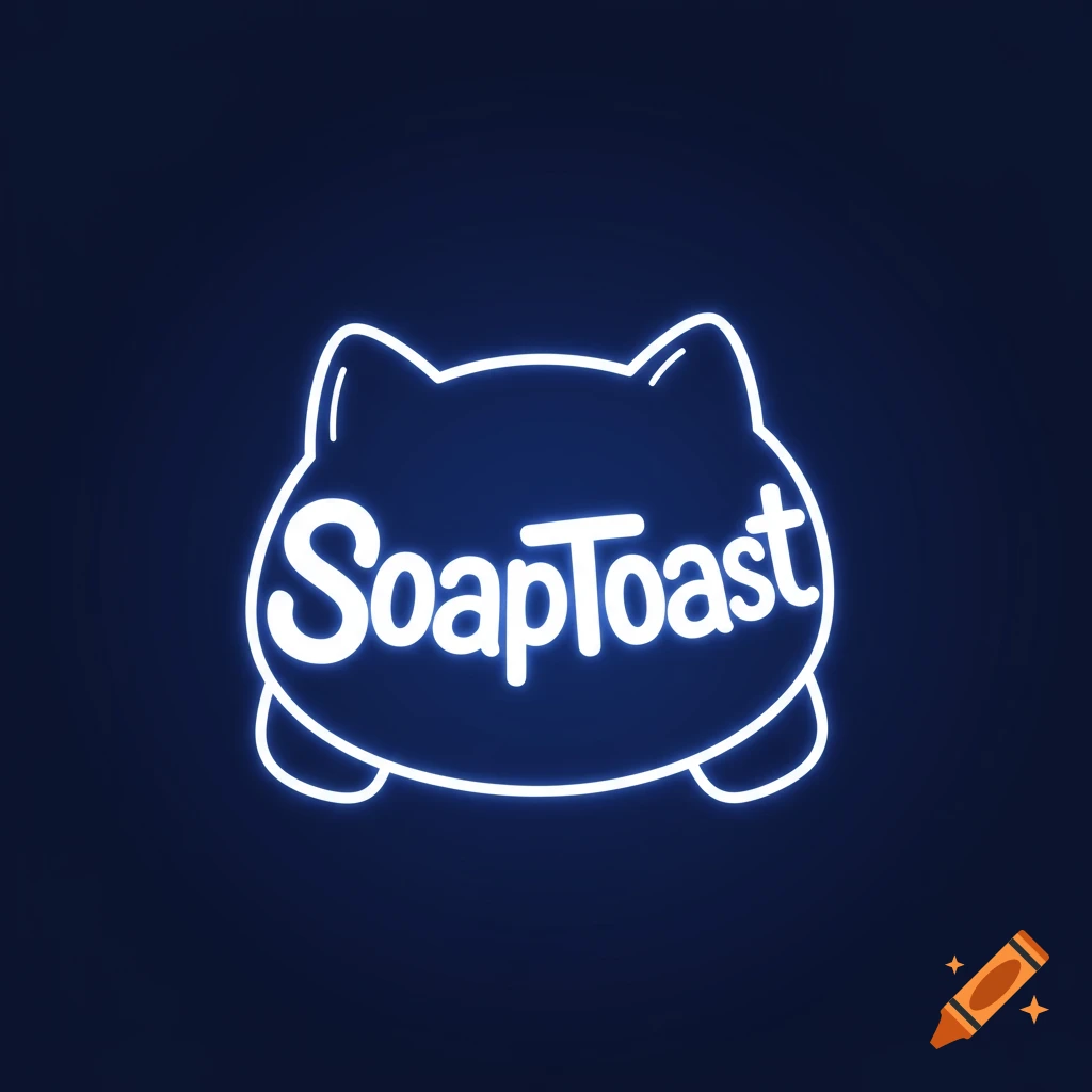 White glowing 'SoapToast' text within a cat outline on a dark blue background, graphic style.