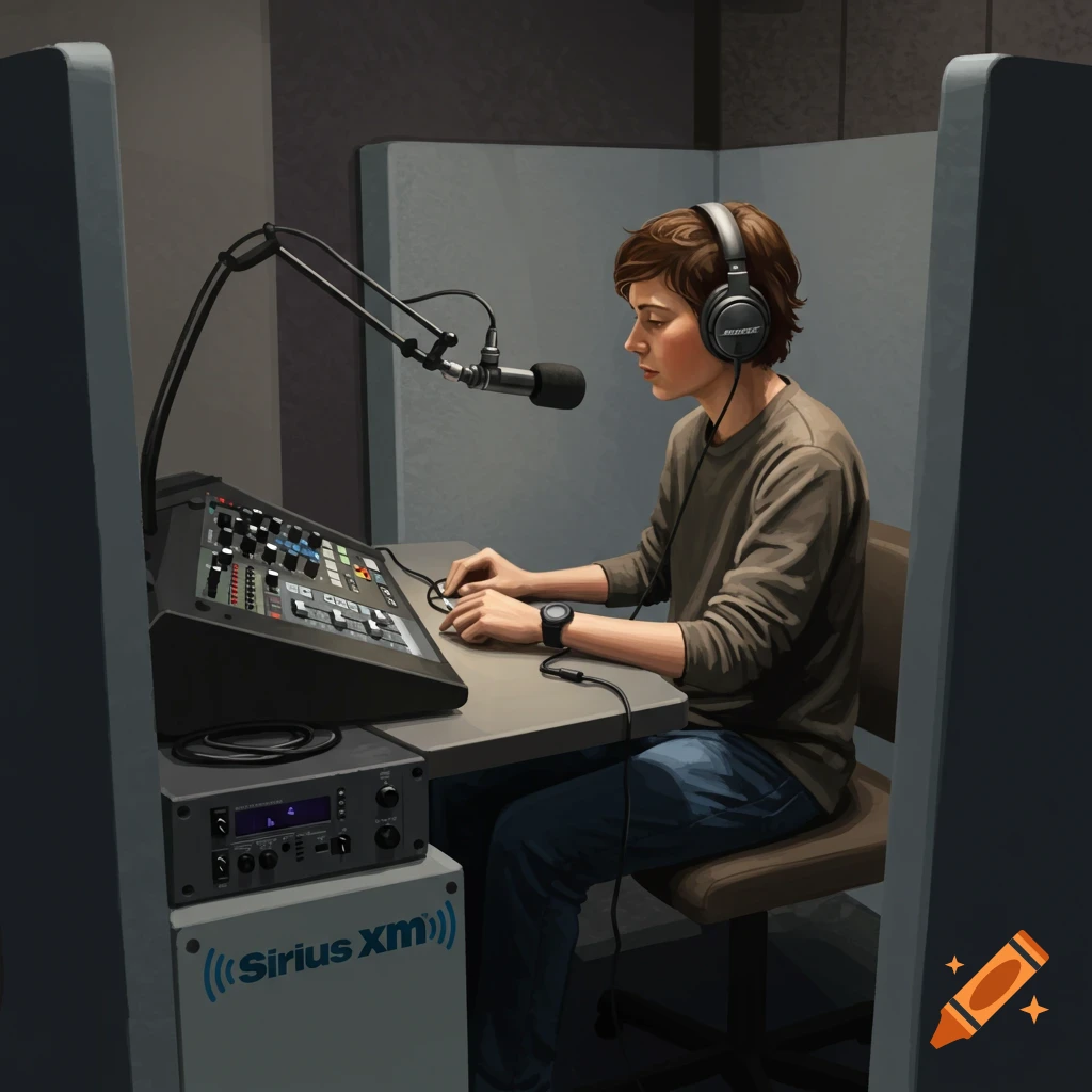A person wearing headphones is in a radio booth with a mixer and audio equipment.