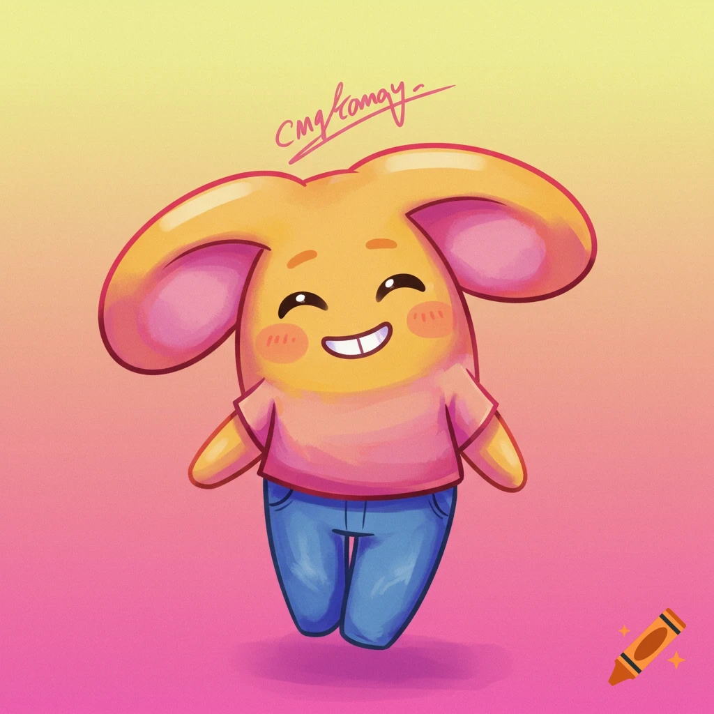 A cute cartoon character with big ears wearing a pink shirt and blue jeans.