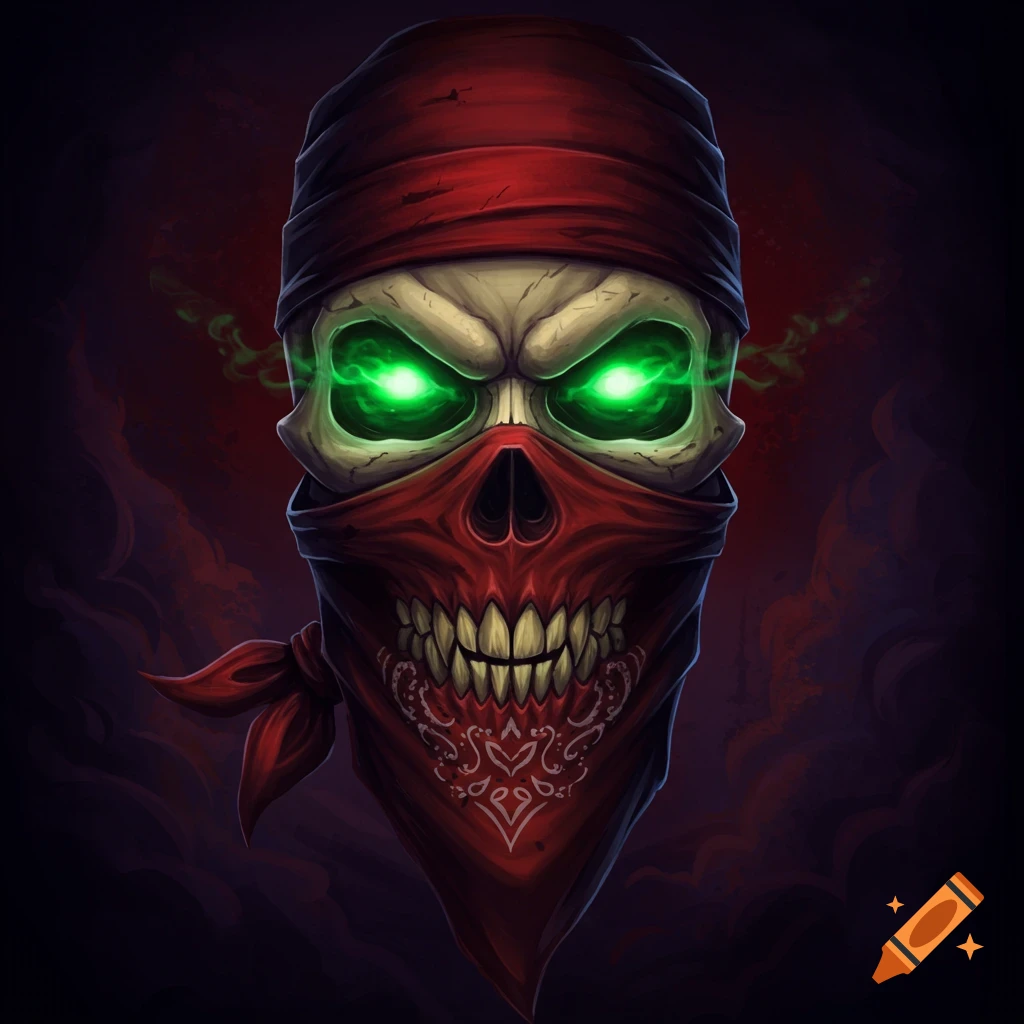 An evil skull with glowing green eyes and a red bandana covering its mouth.