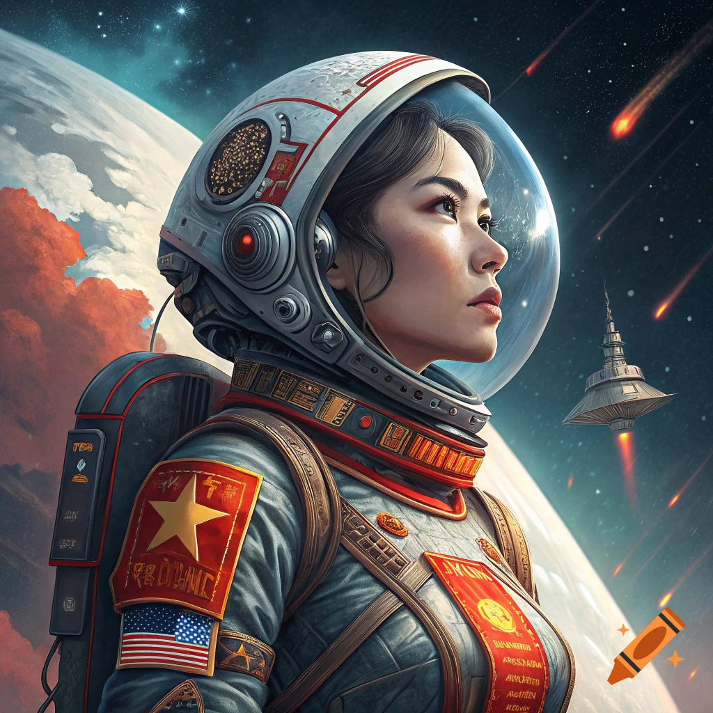 Concept art portrait of a woman in a space suit looking into space with a planet and spaceship.