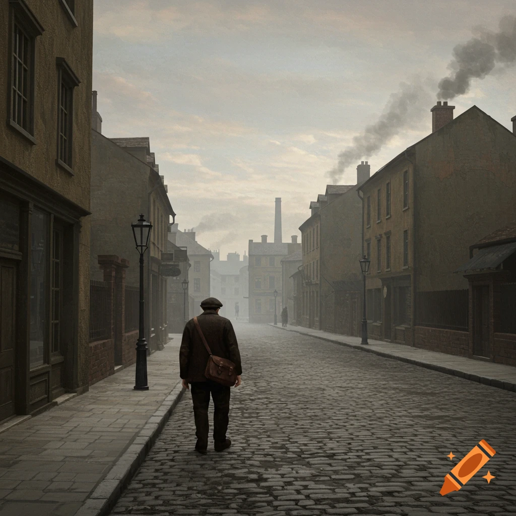A man with a bag walks down a cobbled street past old buildings in a historical setting.