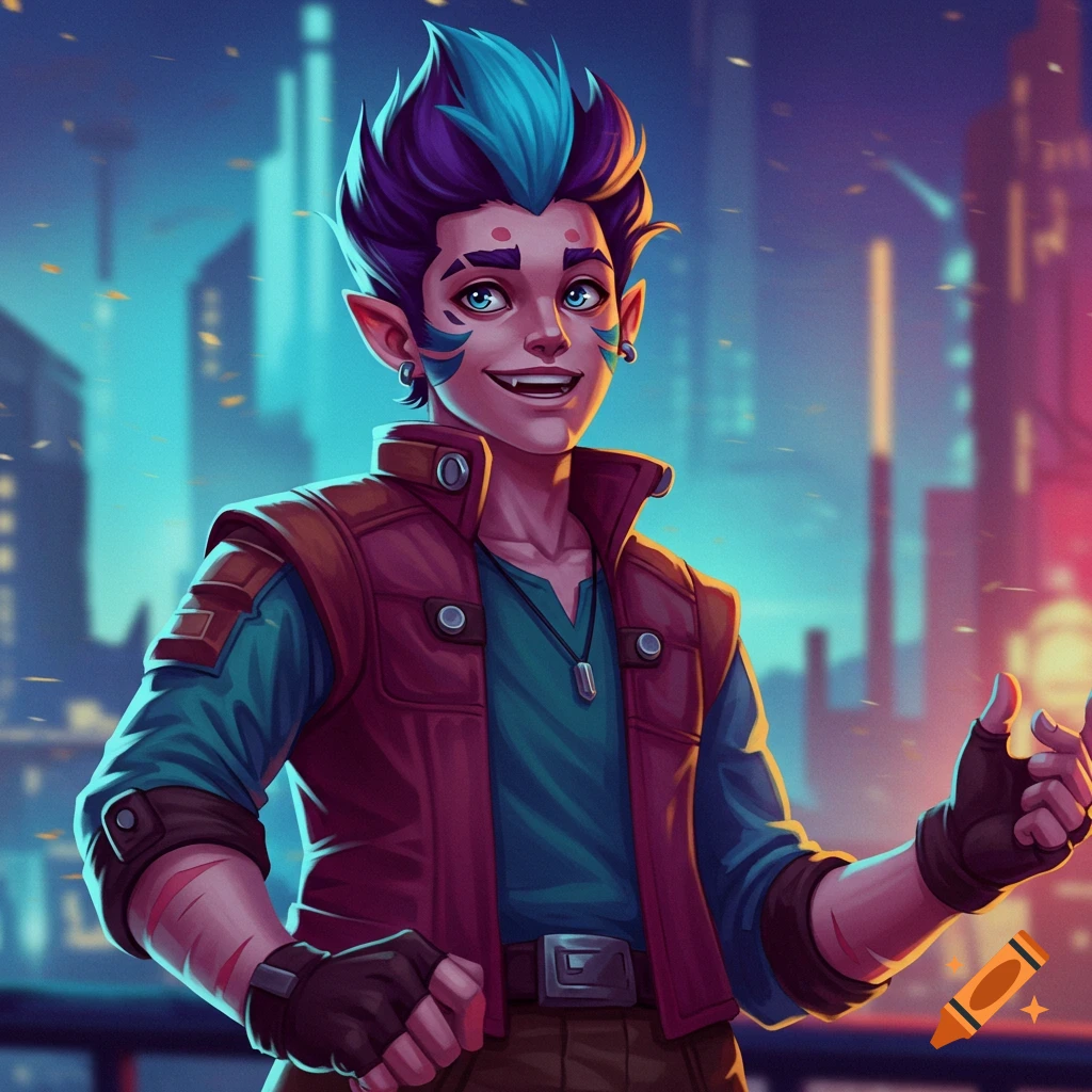 A person with colorful spiky hair, vest, and gloves smiles and points in a sci-fi city.