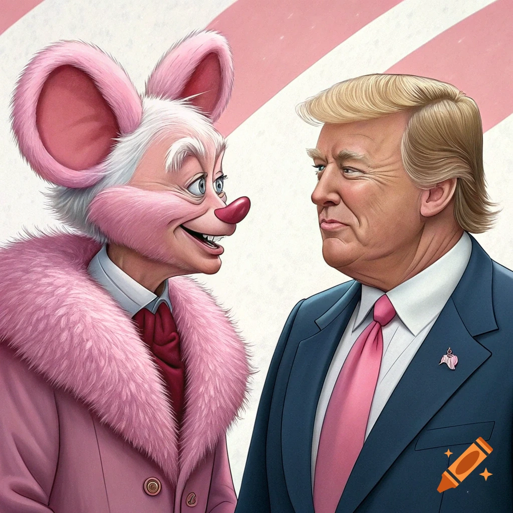 Donald Trump stands next to a pink cartoon mouse character.