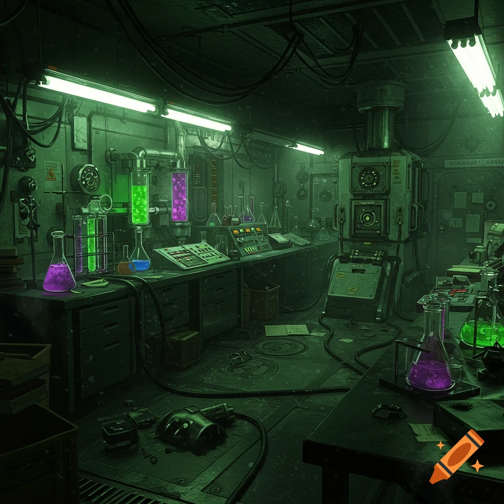 A dark, atmospheric research laboratory filled with beakers of colorful glowing liquids and scientific equipment.