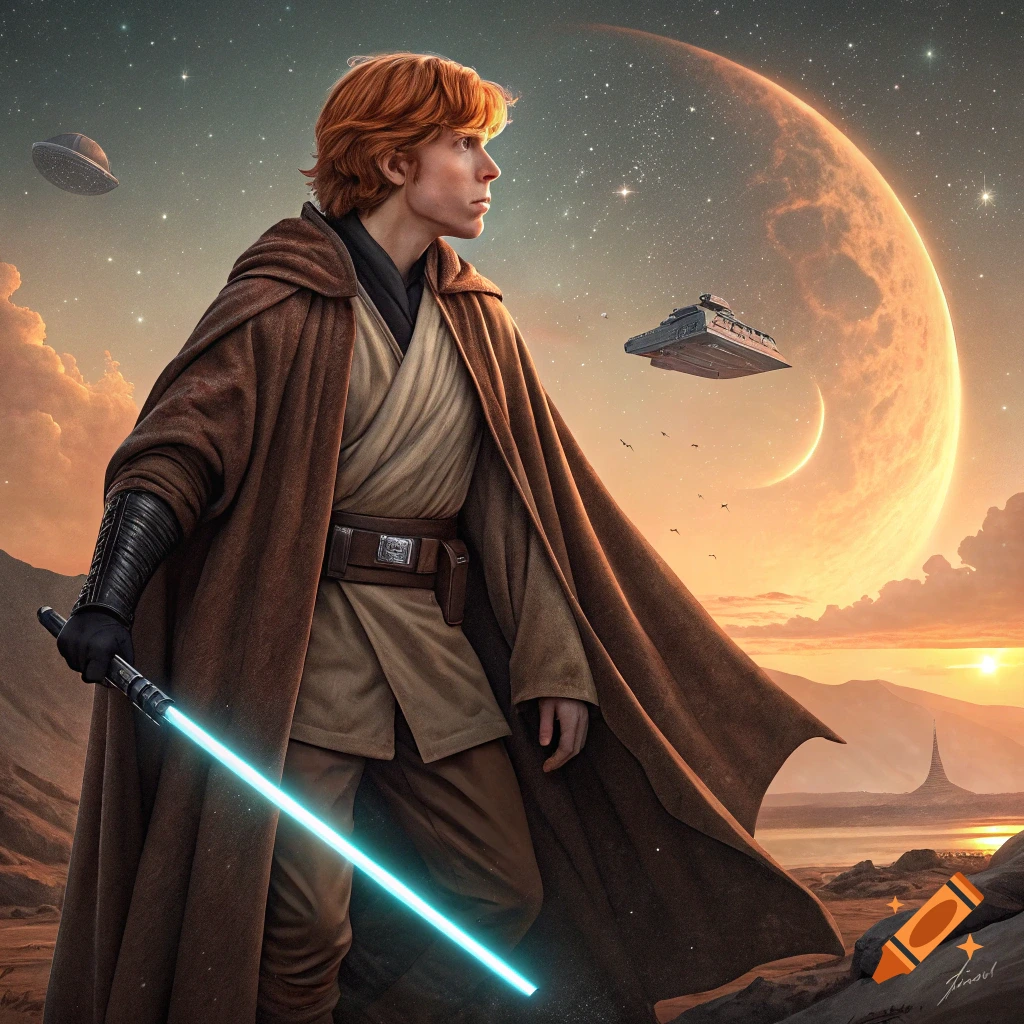 A young person in a brown robe holds a blue lightsaber in a rocky landscape with spaceships and a large planet in the sky at sunset.