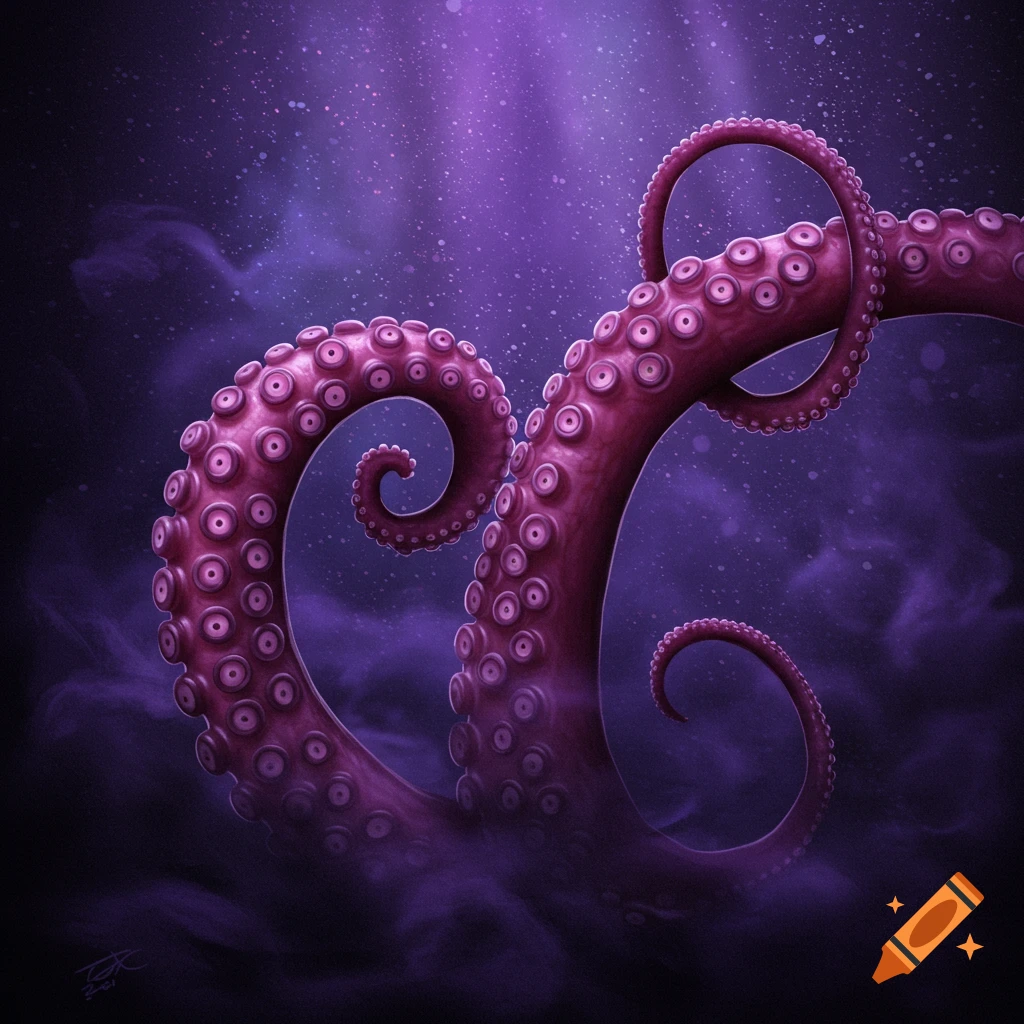 Large purple octopus tentacles reaching up through dark, mystical purple mist with glowing particles.