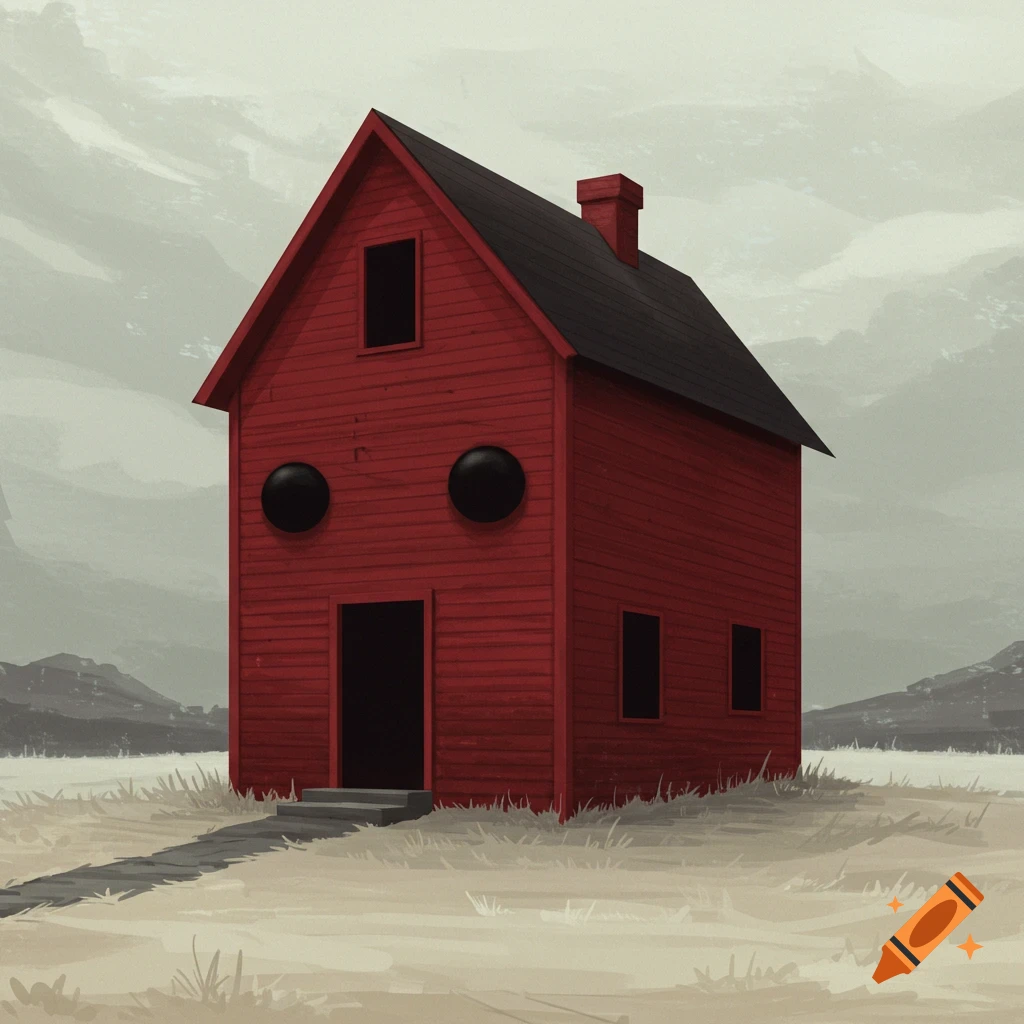 A red house with round black windows resembling eyes stands in a desolate landscape.
