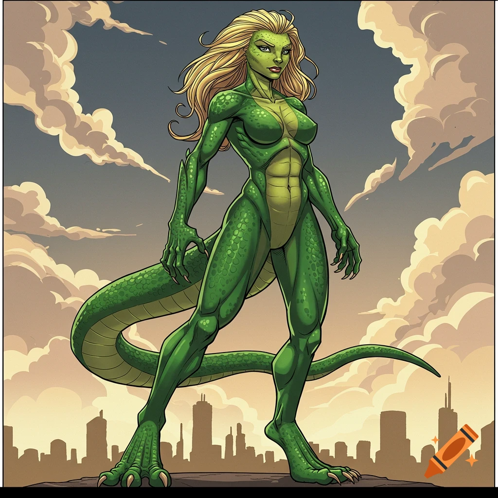 Full body shot of a standing anthropomorphic lizard woman with blonde hair and green scales, in a comic book style.